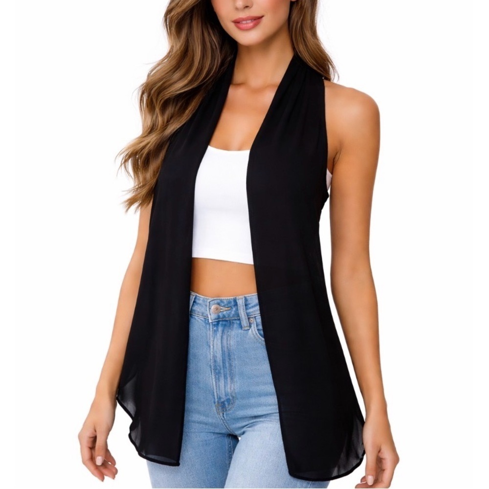 Perseption Concept sleeveless chiffon black open front cardigan/vest SZ SM